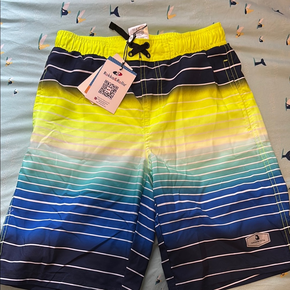 Rokka&Rolla Blue and Yellow Striped Swim Shorts